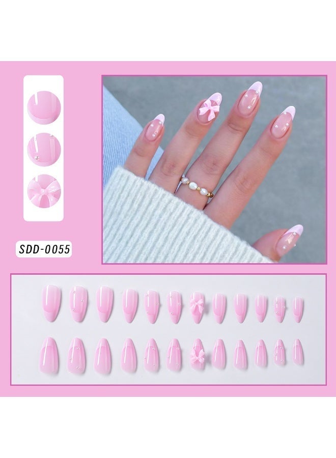 Joudi 24 Pcs Pink French Tip Press on Nails Short Fake Nails Almond Shape False Nails Reusable Acrylic Nails Press ons Cute Pearl Bow Nails Design Handmade Nails Full Cover Glue-Free on Nails for Women - Image 2